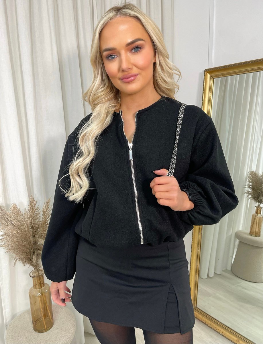 Cropped Zip Up Balloon Sleeve Bomber Jacket