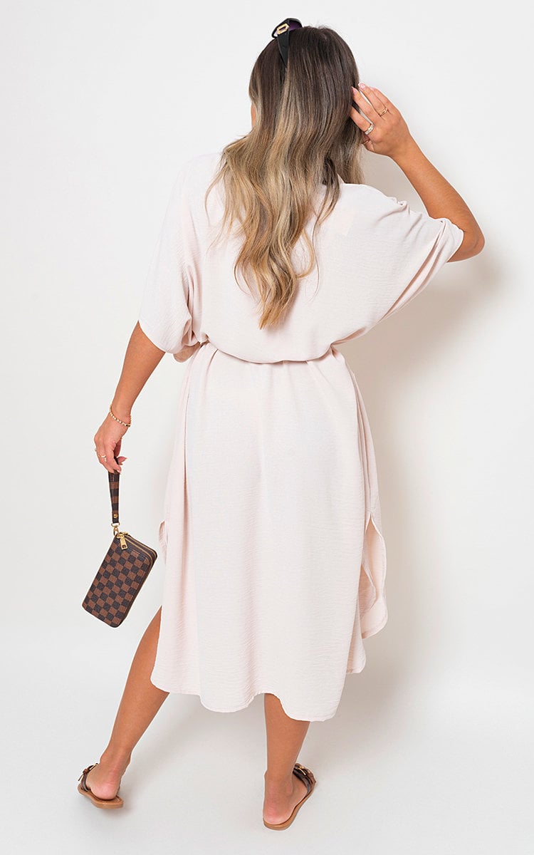 Button Down Collared Midi Dress with Two Front Pockets