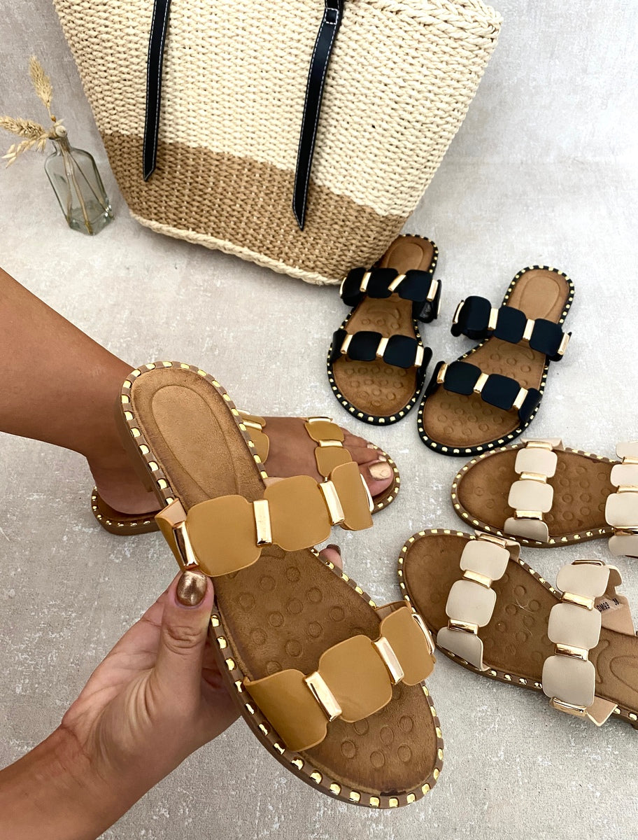 Gold Trim Detail Two Strap Flat Sandals