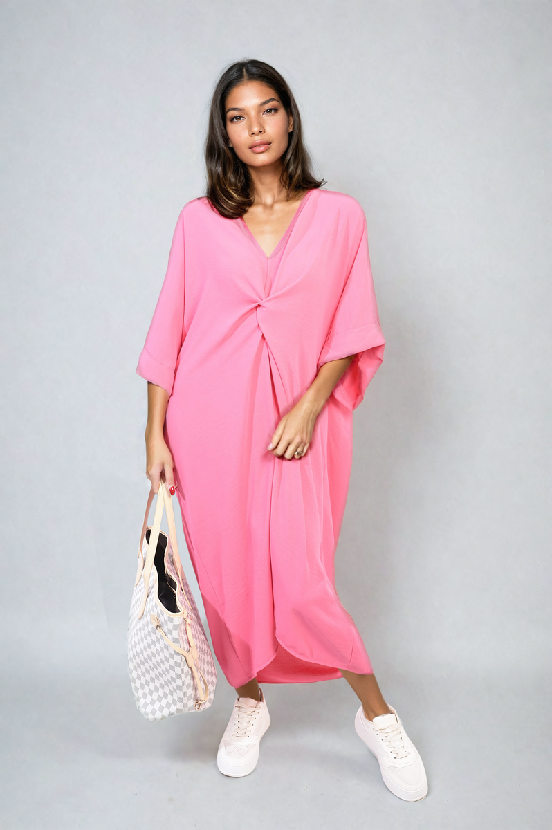 Twist Front Plunge Neckline Relaxed Fit Midi Dress