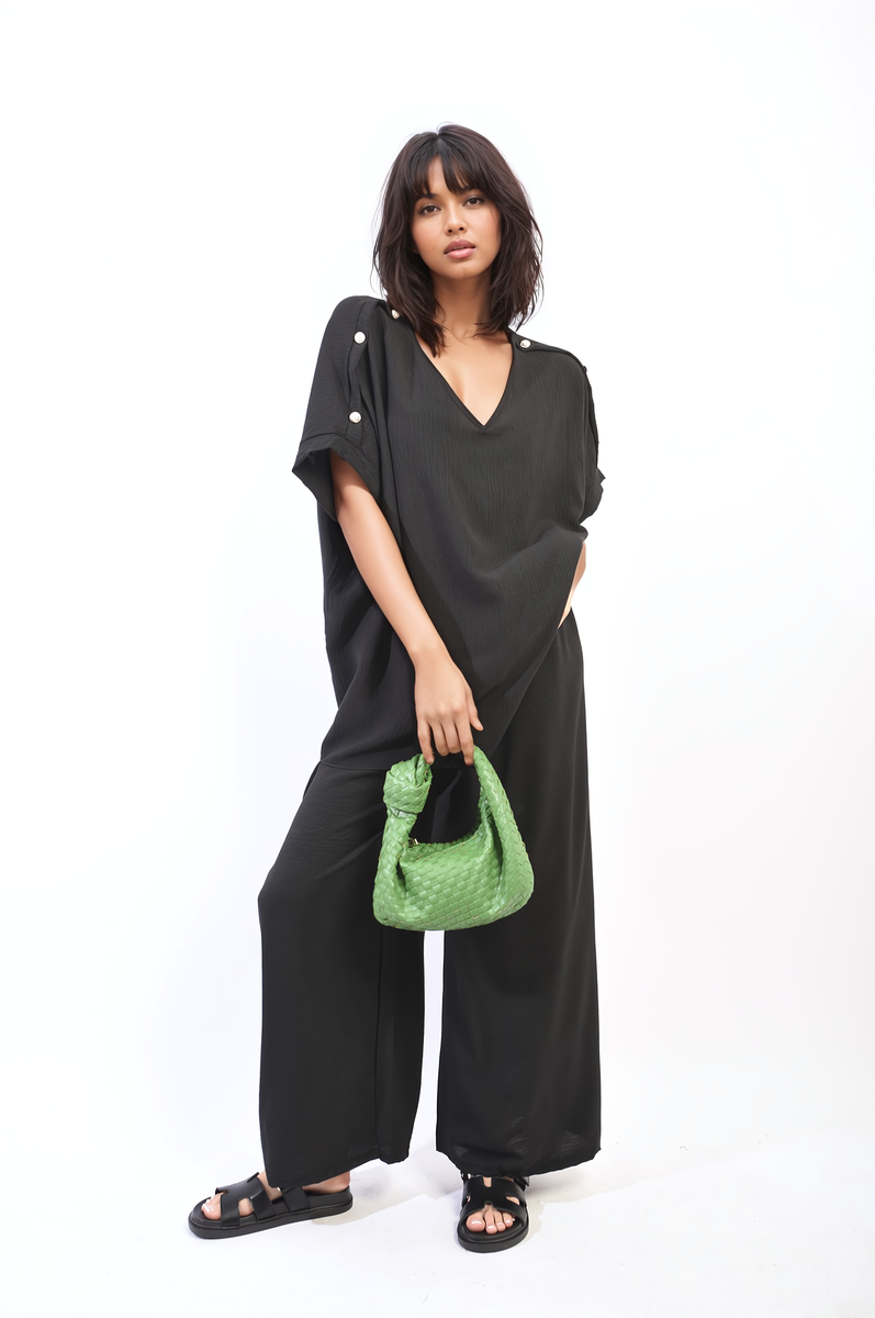 Button Detail V Neck Loose Top and Wide Leg Trouser Co-ord Set