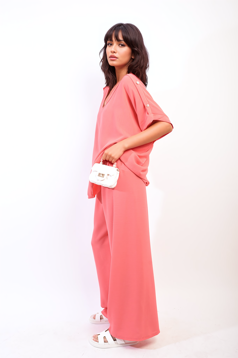 Button Detail V Neck Loose Top and Wide Leg Trouser Co-ord Set