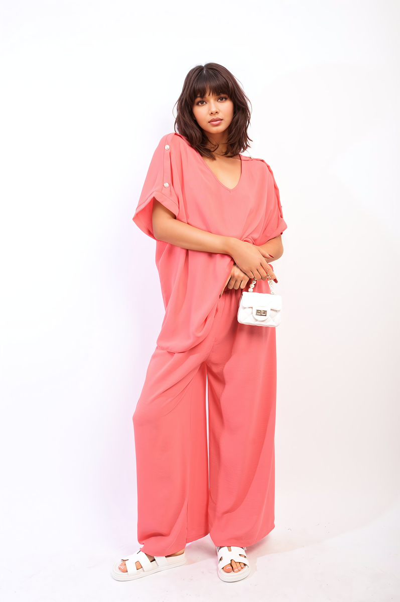 Button Detail V Neck Loose Top and Wide Leg Trouser Co-ord Set