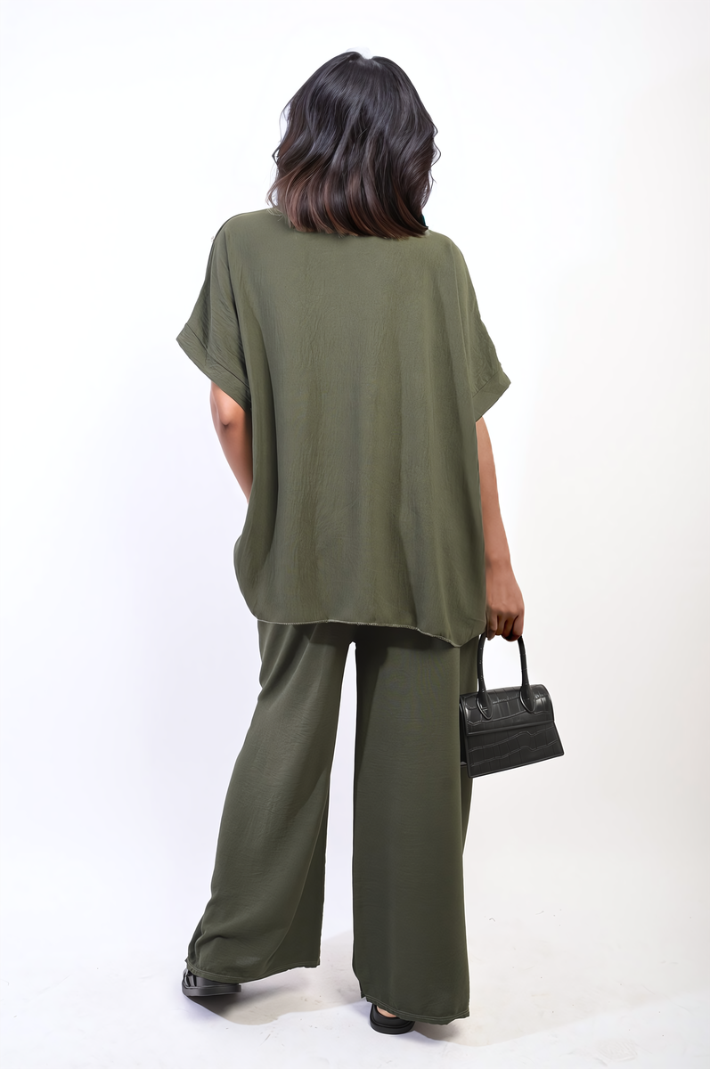 Button Detail V Neck Loose Top and Wide Leg Trouser Co-ord Set