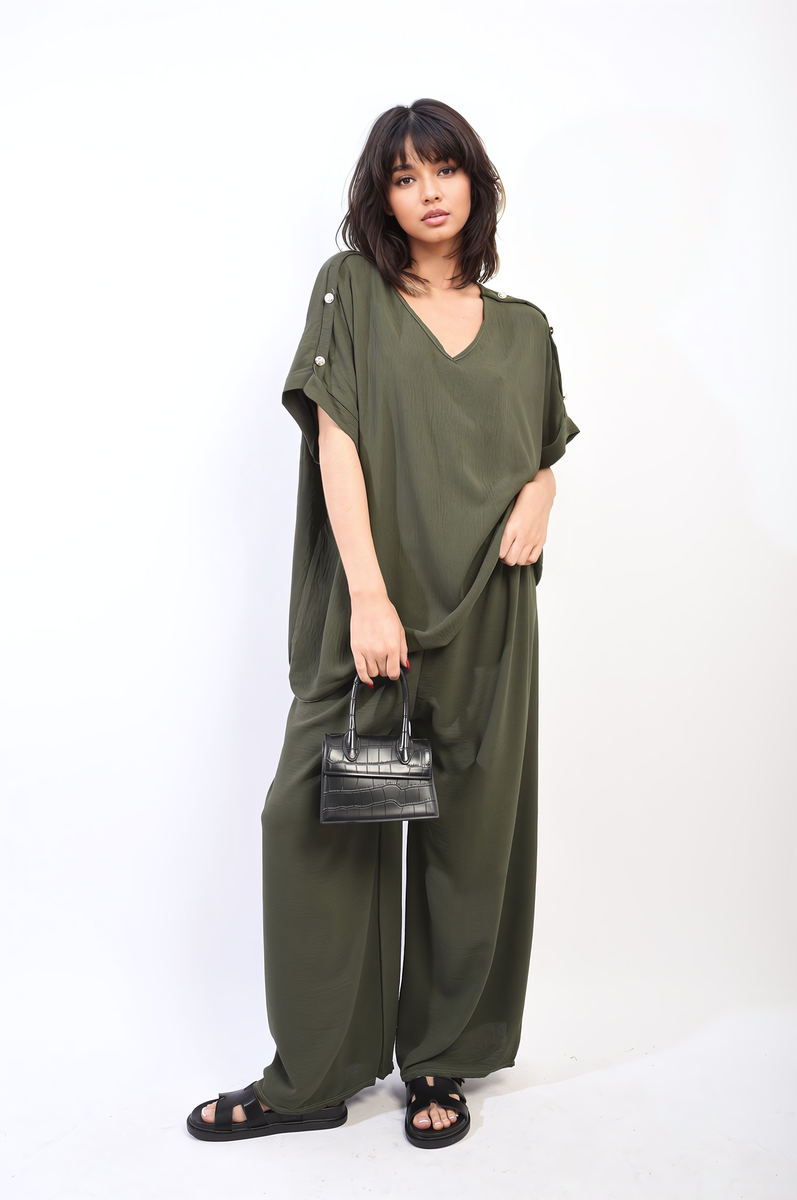 Button Detail V Neck Loose Top and Wide Leg Trouser Co-ord Set