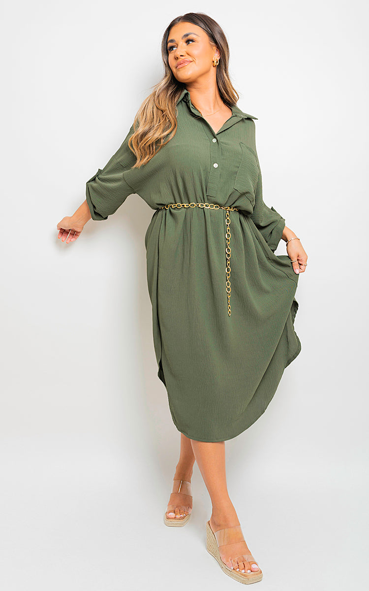 Button Down Pull Up Sleeve Midi Dress with Front Pocket