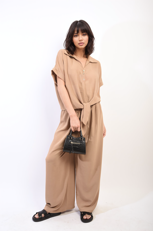 Tie Front Top and Wide Leg Pants Co-ord Set