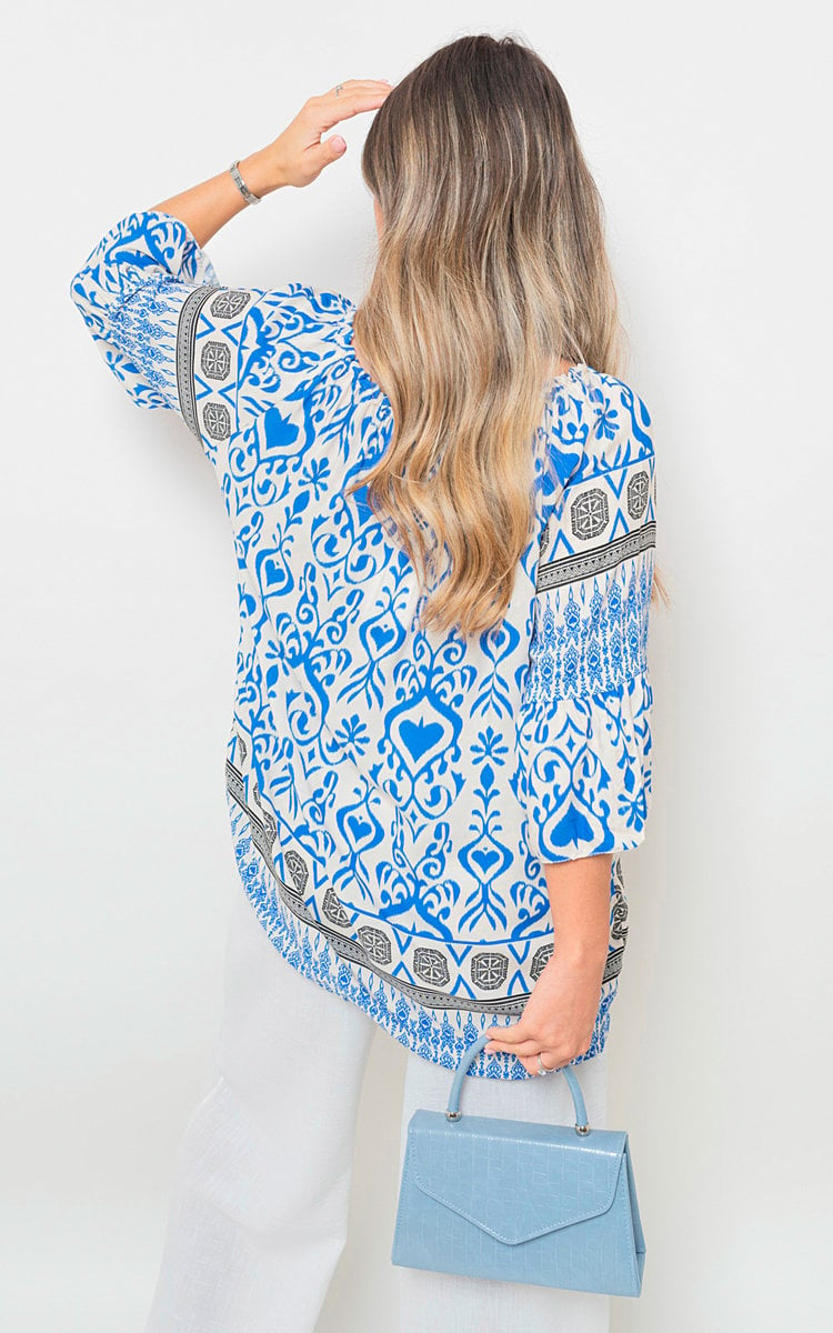 Boho Printed Tassel Tie Neck Long Sleeve Loose Tops