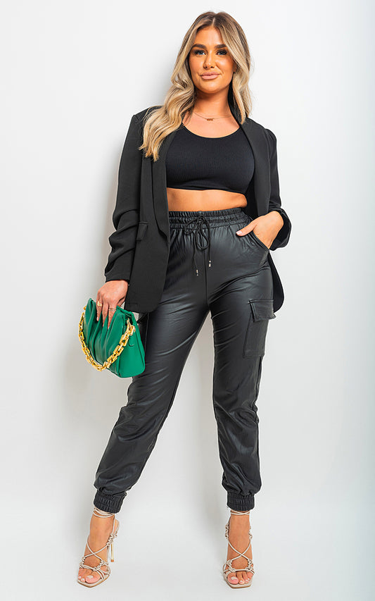 High Waisted Faux Leather Cargo Trousers