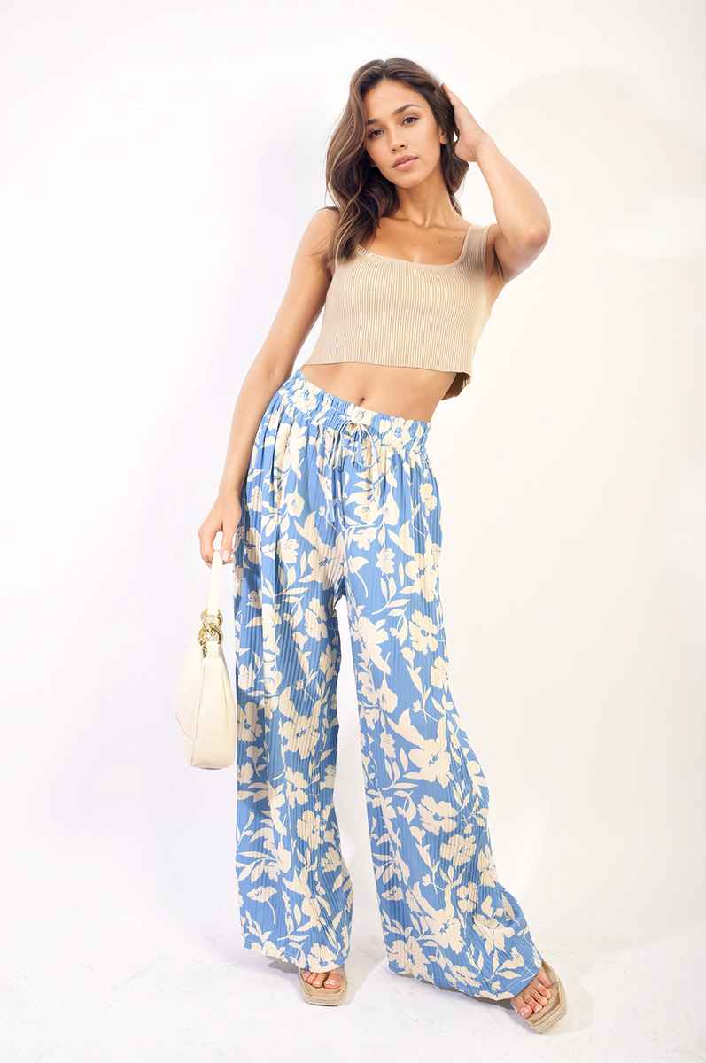 Pleated Wide Leg Floral Print Trousers
