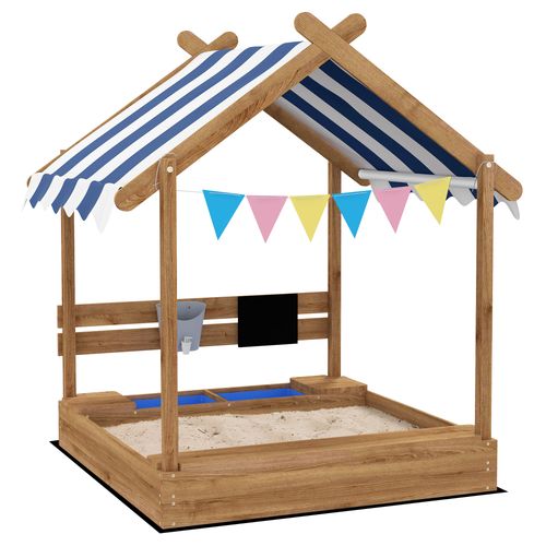Sand Pit with Canopy, Blackboard, Toys, Sink, Seats, Flags for Kids