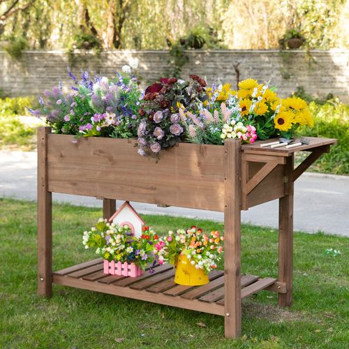 Raised Wooden Plant Stand Tall Flower Bed Box & Bottom Shelf Brown - 123x54x74cm