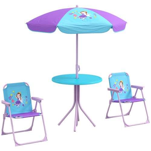 Kids Picnic Table and Chair Set, Fairy Themed Outdoor Garden Furniture with Foldable Chairs, Adjustable Parasol