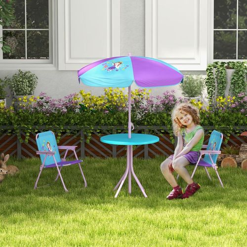 Kids Picnic Table and Chair Set, Fairy Themed Outdoor Garden Furniture with Foldable Chairs, Adjustable Parasol