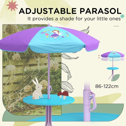 Kids Picnic Table and Chair Set, Fairy Themed Outdoor Garden Furniture with Foldable Chairs, Adjustable Parasol