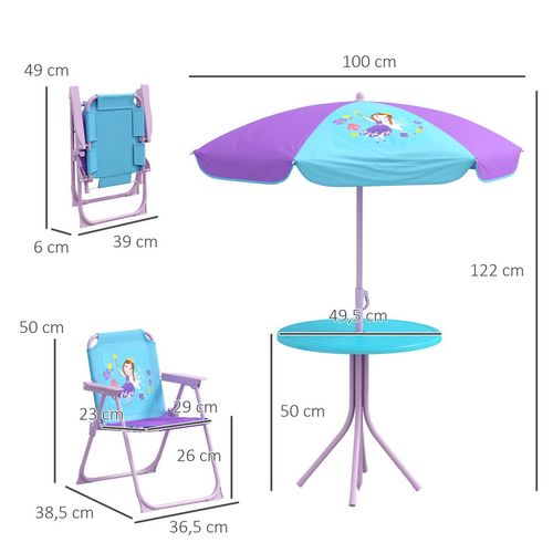 Kids Picnic Table and Chair Set, Fairy Themed Outdoor Garden Furniture with Foldable Chairs, Adjustable Parasol