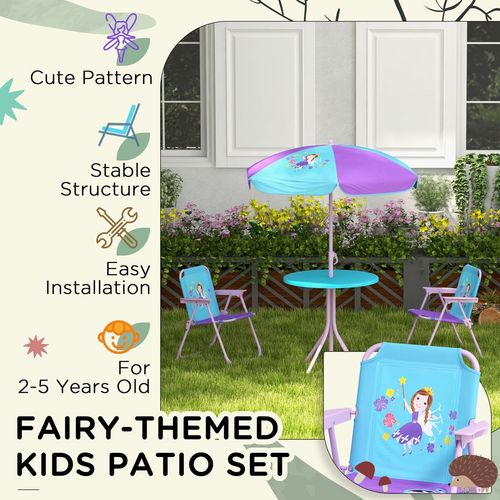 Kids Picnic Table and Chair Set, Fairy Themed Outdoor Garden Furniture with Foldable Chairs, Adjustable Parasol