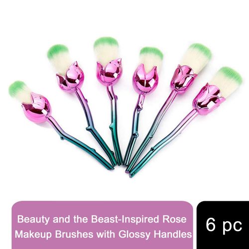 6pc Beauty and the Beast-Inspired Rose Makeup Brushes with Glossy Handles