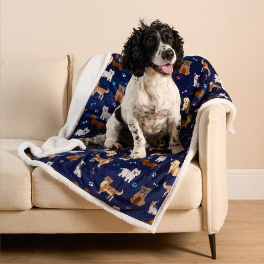 Pet Dog Print Sherpa Reverse Throw - Navy