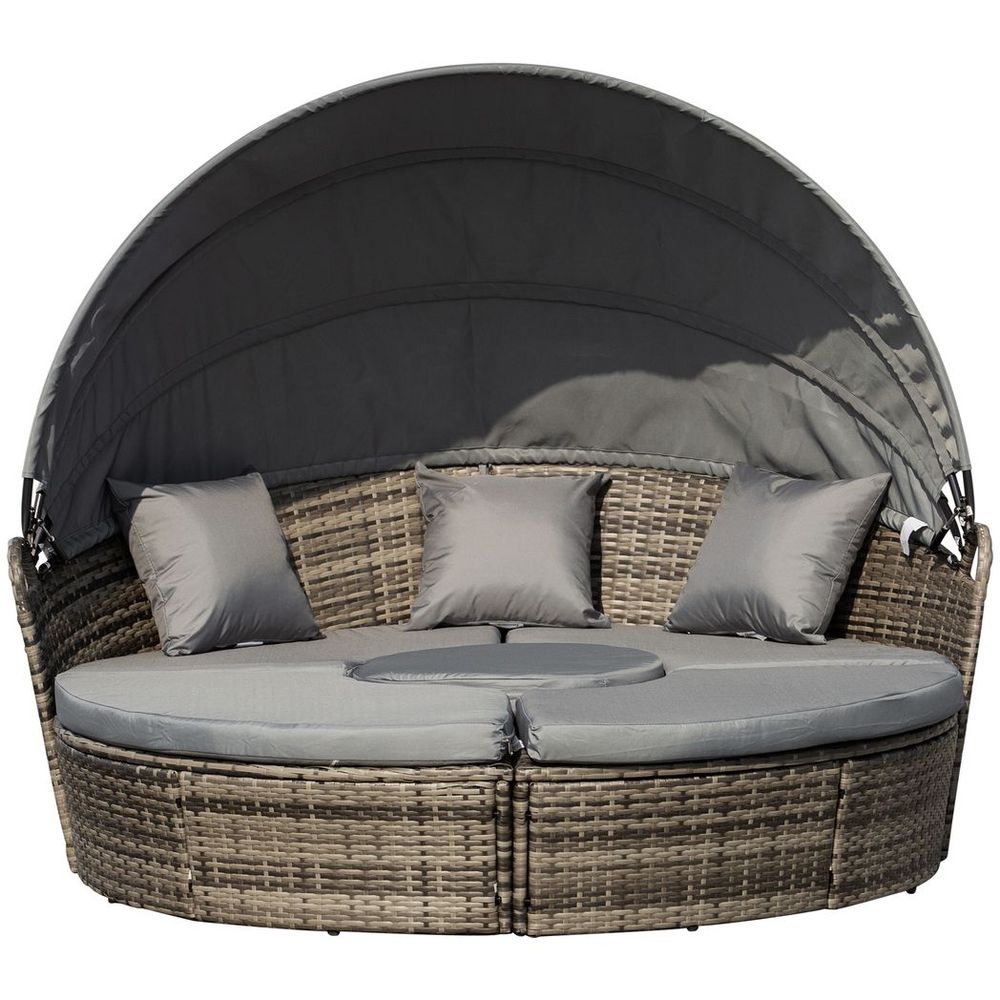 5 Piece Cushioned Outdoor Plastic Rattan Round Sofa Bed & Table Set in Grey