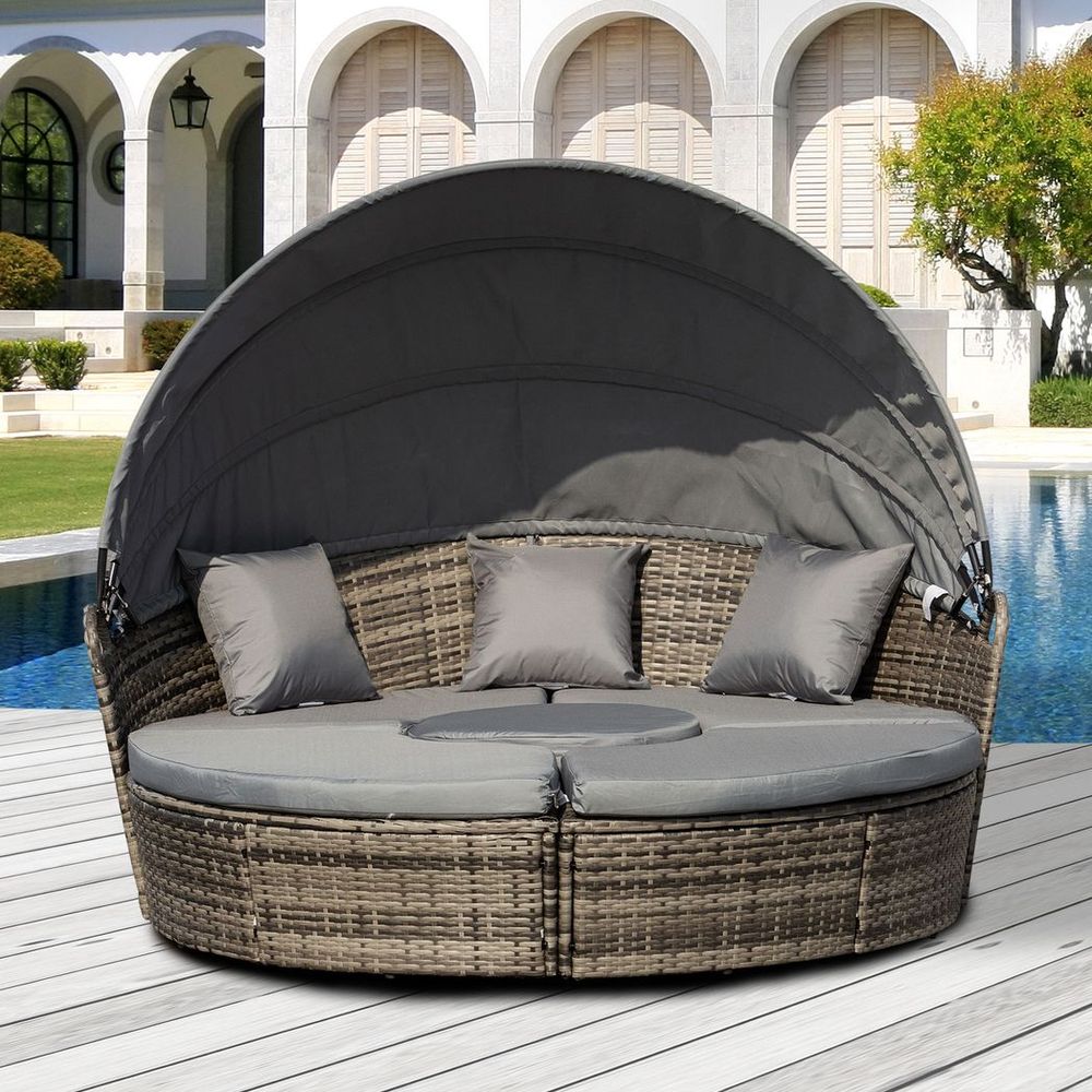 5 Piece Cushioned Outdoor Plastic Rattan Round Sofa Bed & Table Set in Grey