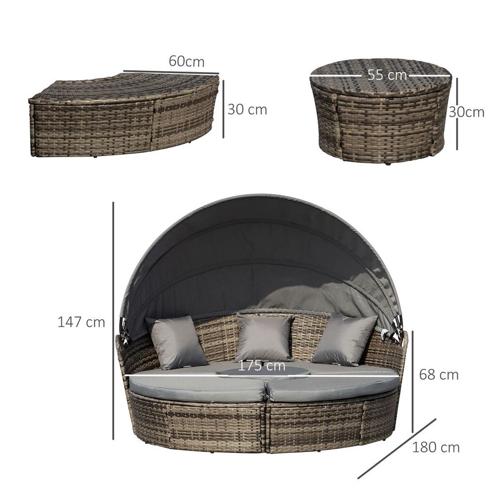 5 Piece Cushioned Outdoor Plastic Rattan Round Sofa Bed & Table Set in Grey