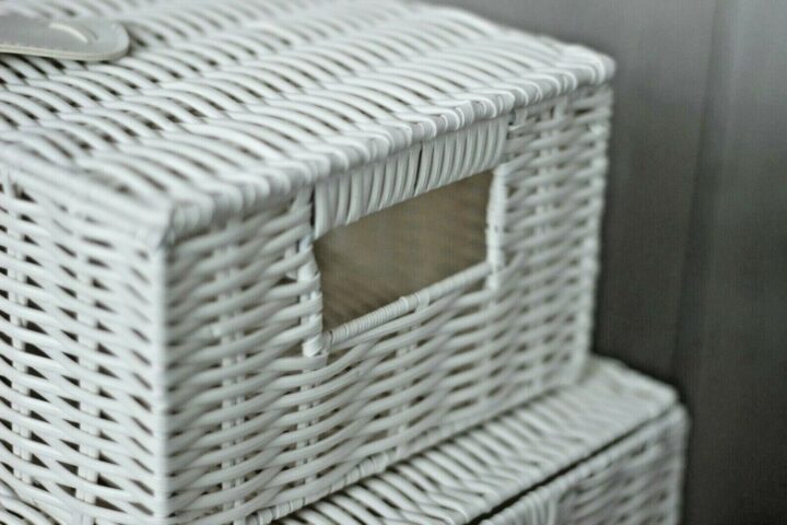 3x White Wicker Storage Baskets Woven Hamper Box