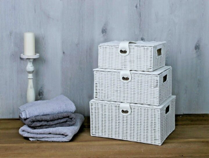 3x White Wicker Storage Baskets Woven Hamper Box