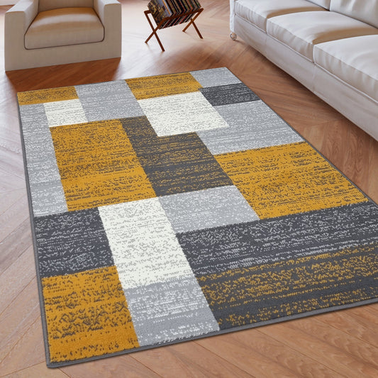 Modern Rug Geometric Grey Mustard Yellow Patterned Soft Carpet Rug