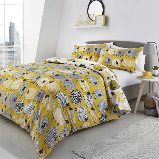 Dotty Sheep Reversible Ochre & White Duvet Cover Set