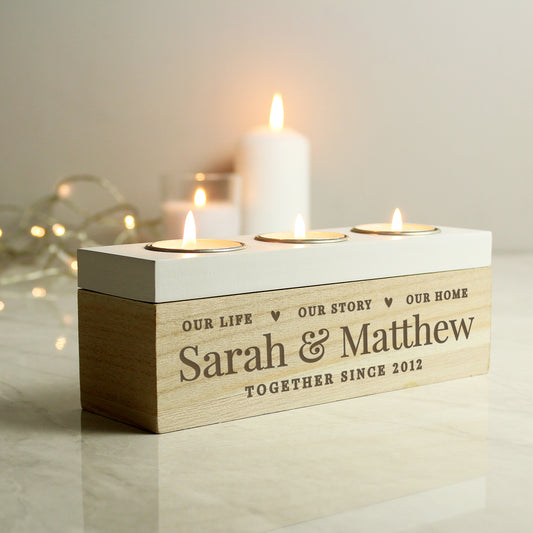 Personalised Our Life, Story & Home Triple Tea Light Box.