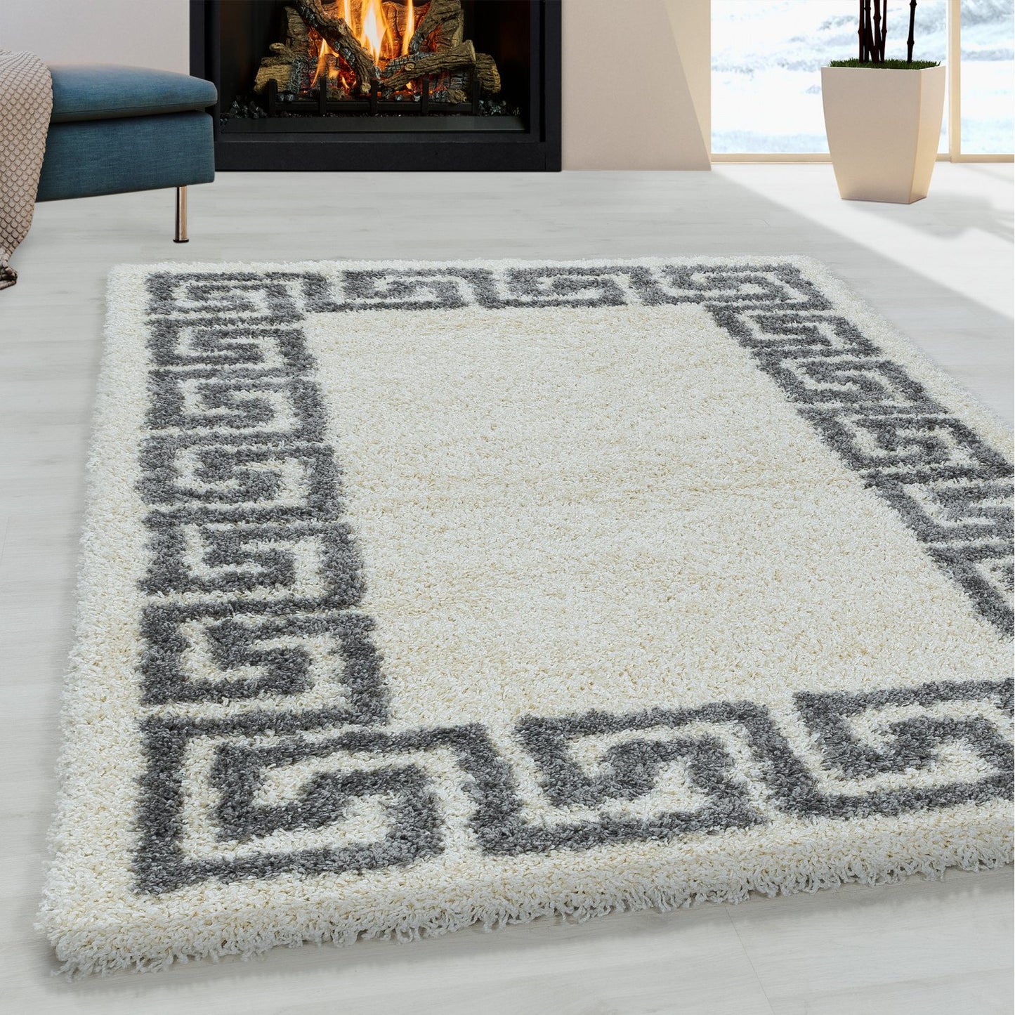 White Cream Fluffy Shaggy Rug Greek Key