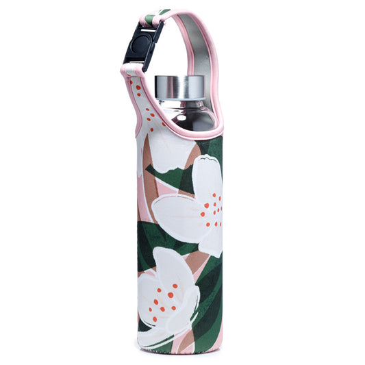 Reusable 500ml Glass Water Bottle with Protective Neoprene Sleeve - Florens Jasminum