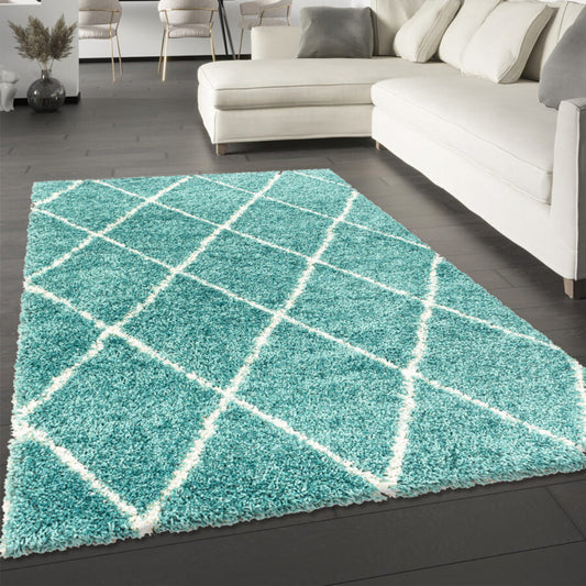 Diamond Geometric Teal Light Blue Fluffy Shaggy Rug