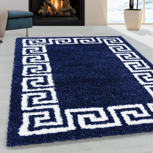 Navy Blue Fluffy Shaggy Rug Greek Key