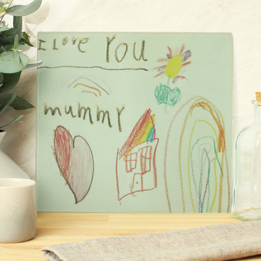 Personalised Childrens Drawing Photo Upload Glass Chopping Board/Worktop Saver