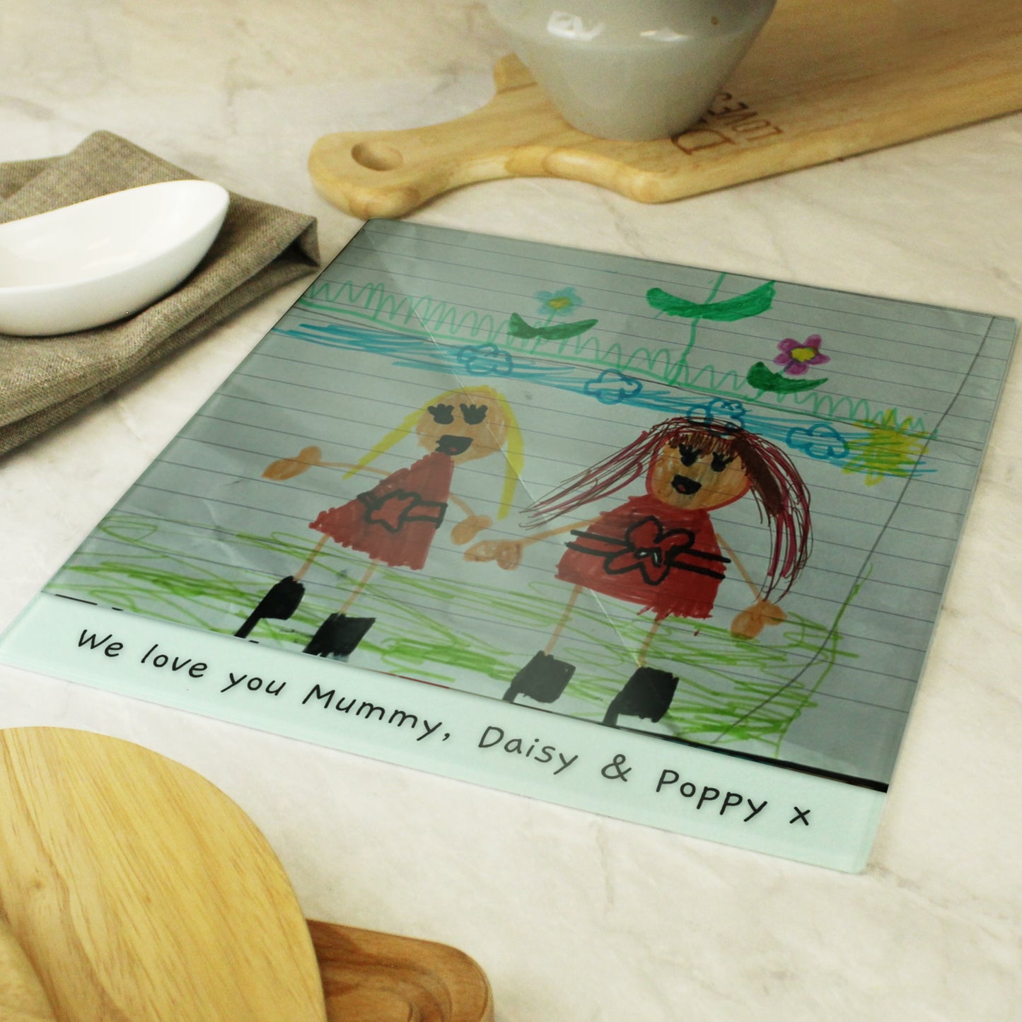 Personalised Childrens Drawing Photo Upload Glass Chopping Board/Worktop Saver