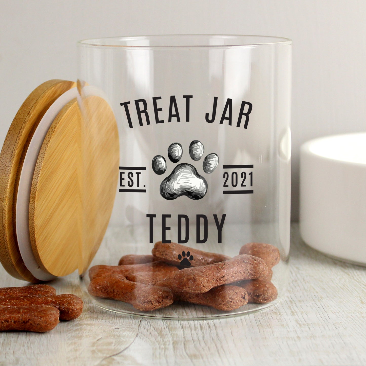 Personalised Pet Treats Glass Jar with Bamboo Lid