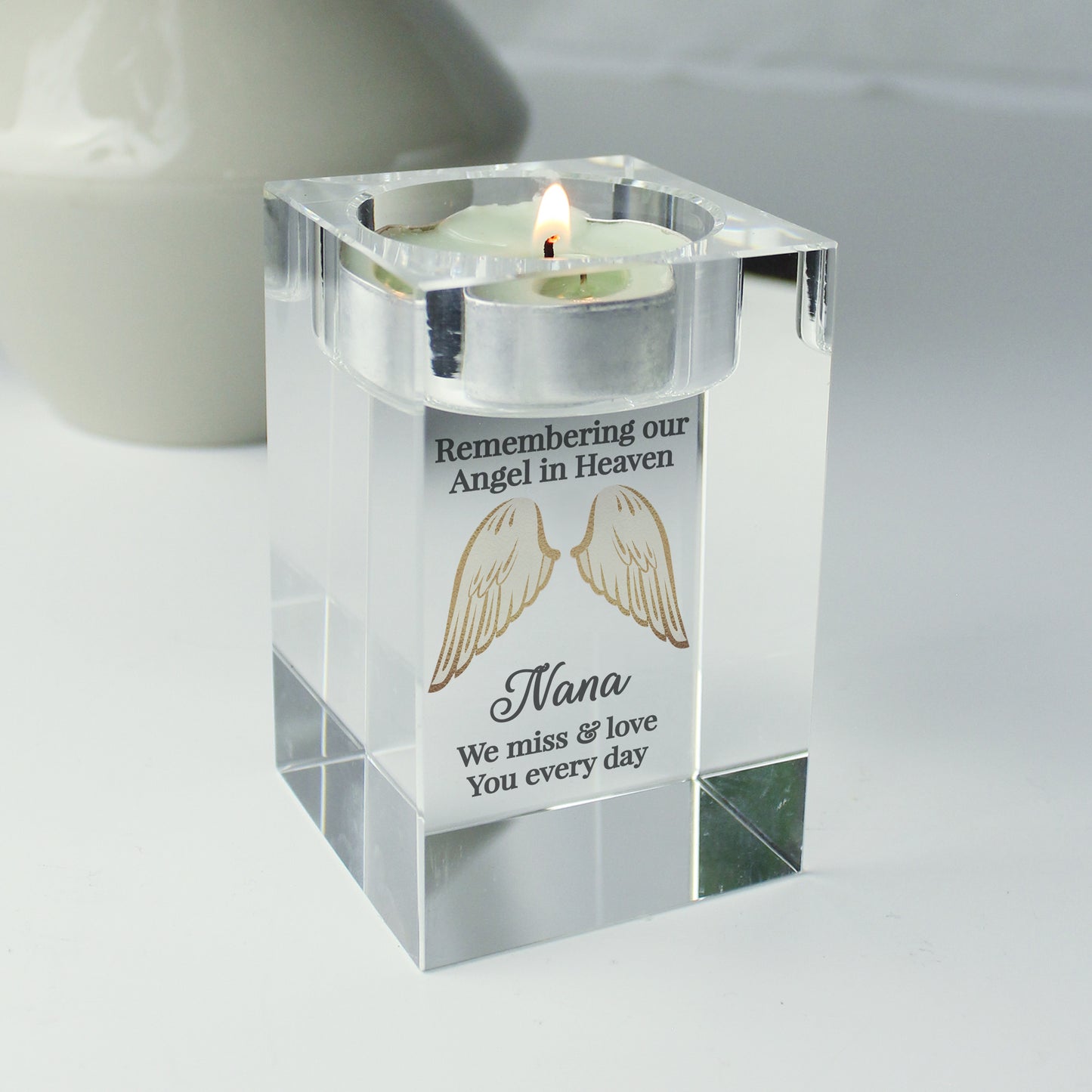 Personalised Angel Wings Memorial Glass Tealight Holder