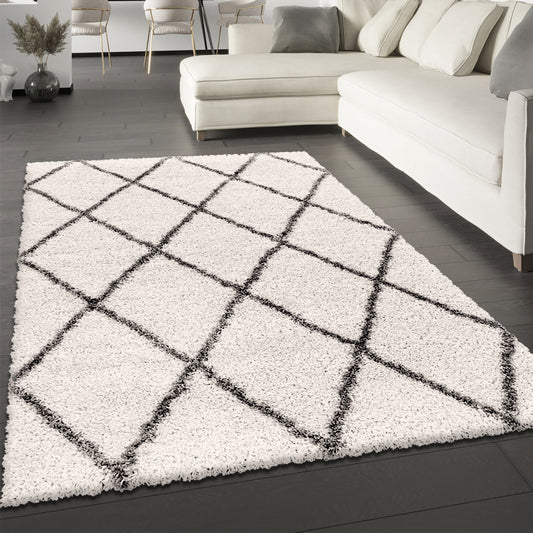 Diamond Geometric Cream Fluffy Shaggy Rug