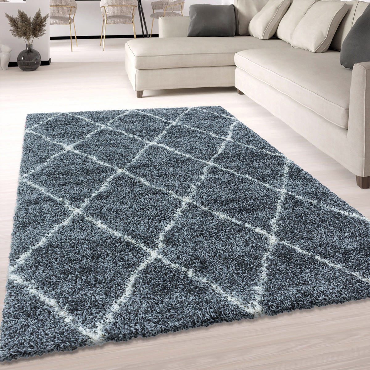 Diamond Geometric Grey Fluffy Shaggy Rug