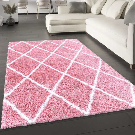 Diamond Geometric Pink Fluffy Shaggy Rug