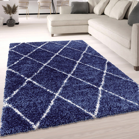 Diamond Geometric Navy Blue Fluffy Shaggy Rug