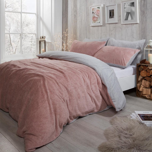 Teddy Fleece Reversible Duvet Cover Set - Blush Pink/Grey