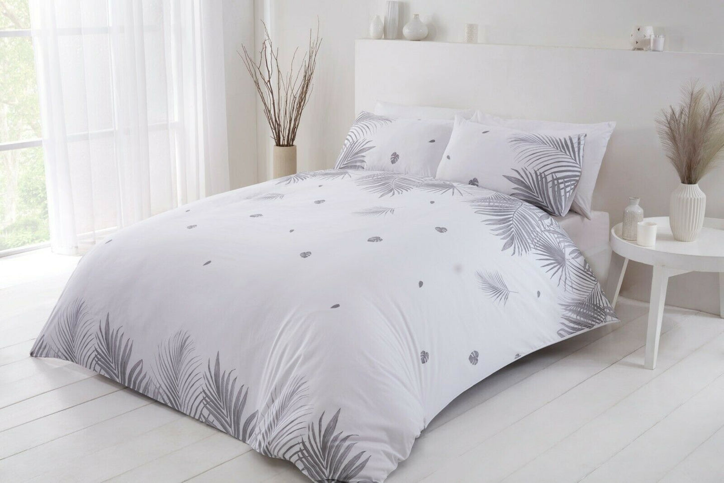 Friendly Tropics Floral Leaf Duvet Cover Bedding Set - Grey