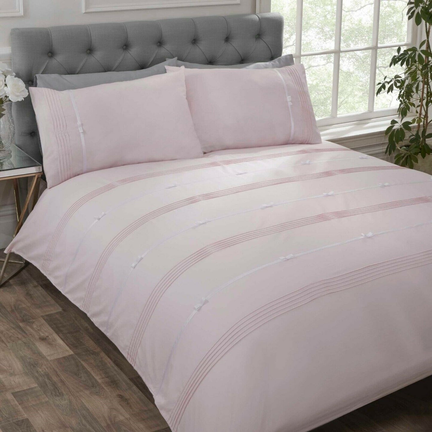 “Clarissa” Pintuck And Ribbon Bow Duvet Cover Bedding Set - White Or Pink